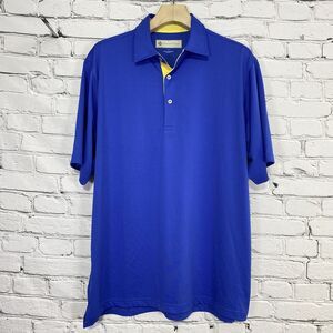 Donald Ross Polo Shirt Mens Size L Blue Solid Yellow Trim‎ Performance Golf